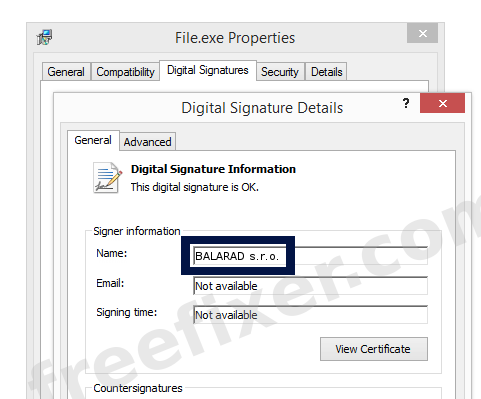Screenshot of the BALARAD s.r.o. certificate